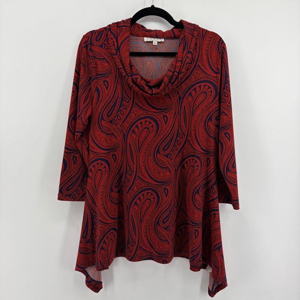 CHAUS New York Red Navy Paisley‎ Print Cowl Neck Tunic Top Women's Size L